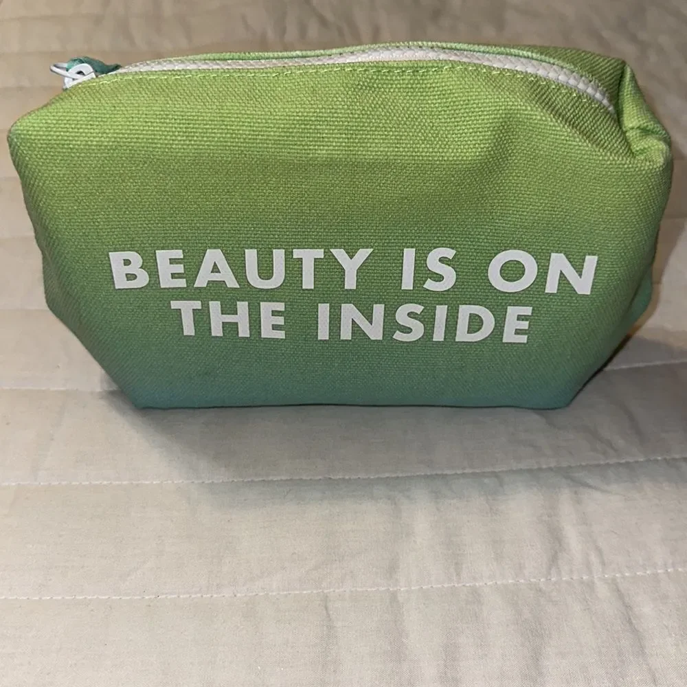 Earth Origins Blue Green White Canvas Beauty Is On The Inside” Cosmetic Zip Bag